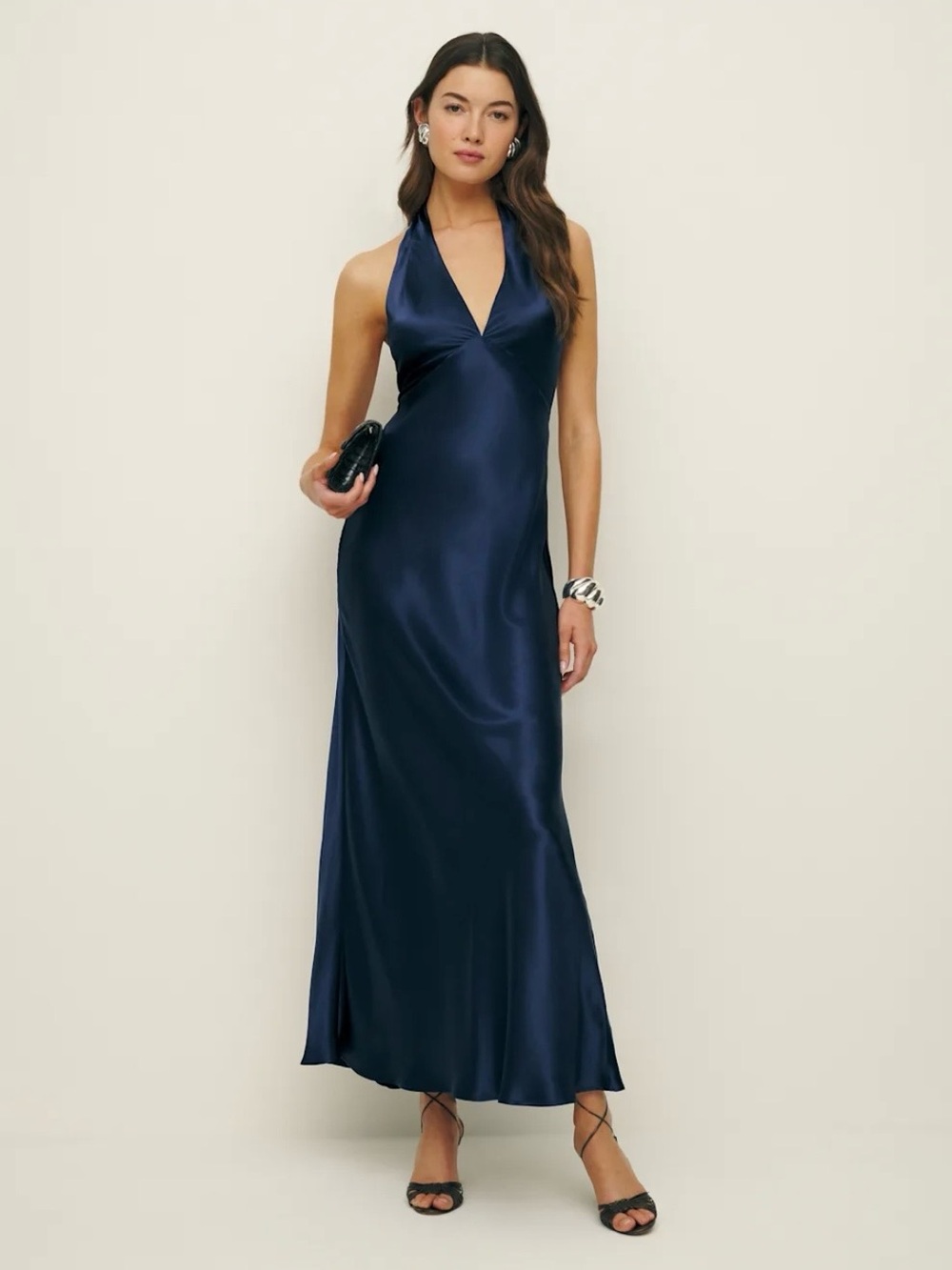 Reformation Daniela Silk Navy Halter Dress